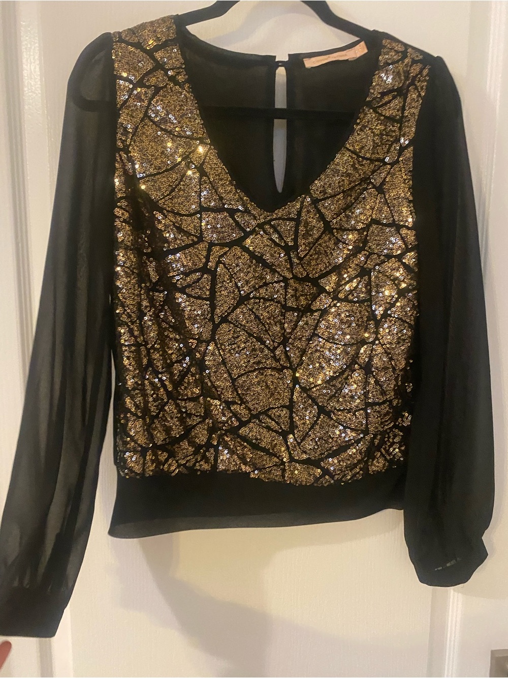 Gibson Black Sheer-Sleeve Top with Gold Sequin Mosaic Front